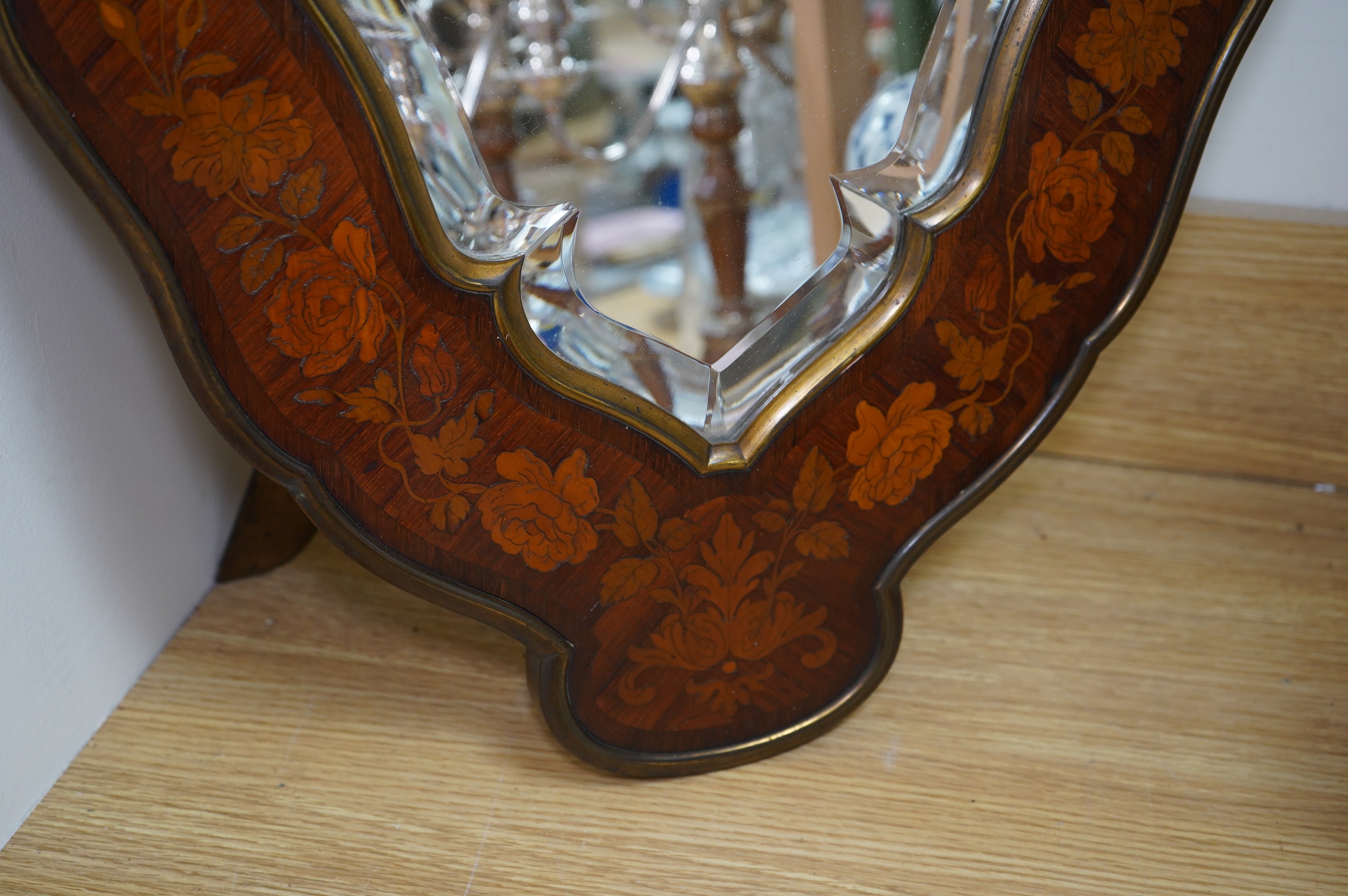A Louis XV style kingwood and floral marquetry easel mirror, c.1900, 63cm. Condition - good